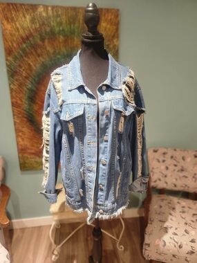 Distressed Blue Denim Jacket - Women's Oversized Jean Coat